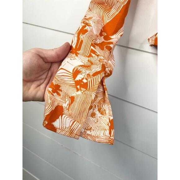 Open Edit Orange White Cowl Neck Long Sleeve Top XXS Smocked Back - Picture 4 of 11